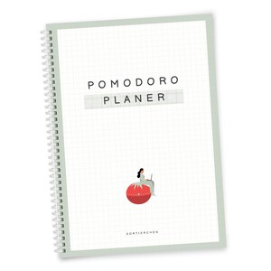 Könnte beinhalten: Ein spiralgebundener Pomodoro-Planer mit hellgrünem Rand und kariertem Innenraum. Das Cover zeigt den Text "POMODORO PLANER" und eine Illustration einer Person, die auf einem Laptop auf einer Tomate arbeitet. Das Wort "SORTIERCHEN" steht unten.
