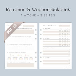 Könnte beinhalten: Zwei weiße Planerseiten mit schwarzem Text und hellbeigen Akzenten. Die linke Seite enthält Abschnitte für den Wochenrückblick, die rechte Seite listet Morgen- und Abendroutinen auf. Beide Seiten haben seitliche Lochungen und ein PDF-Band.