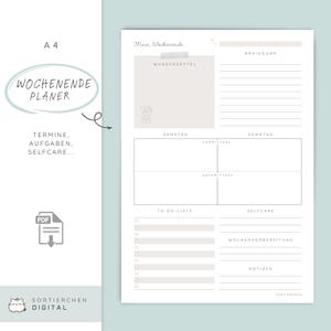 Può includere: Pagina di pianificazione A4 con il testo "WOCHENENDE PLANER" e "TERMINE, AUFGABEN, SELFCARE...". Include sezioni per una lista dei desideri, brainstorming, orari di sabato e domenica, una lista di cose da fare e pianificazione dell'autocura. Il design è minimalista.
