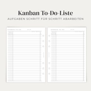 Könnte beinhalten: Ein weißes Kanban To-Do-Liste Planer-Einlageblatt mit schwarzem Text und Linien. Die Überschrift lautet Kanban To-Do-Liste und AUFGABEN SCHRITT FÜR SCHRITT ABARBEITEN. Das Layout enthält Spalten für Notizen, Status und Aufgaben mit sechs Ringlöchern.