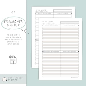 Könnte beinhalten: Zwei weiße Blätter im A4-Format mit einem To-Do-Listen-Layout. Die Blätter zeigen das Design der "Eisenhower-Matrix" mit Abschnitten zur Priorisierung von Aufgaben nach Dringlichkeit und Wichtigkeit. Der Text enthält "To Do-Liste" und "Sortierchen Digital".