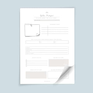Könnte beinhalten: Ein weißes Tagesplaner-Blatt mit schwarzem Text und Linien, das ein Sonnen-Symbol, eine Notizzettel-Grafik sowie Bereiche für Aufgaben, Termine und Mahlzeiten enthält. Die untere rechte Ecke des Papiers ist nach oben gebogen und zeigt die Rückseite.
