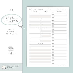 Può includere: Planner giornaliero in formato A4 con la scritta "TAGES-PLANER" in un font scritto a mano. Il planner include sezioni per appuntamenti, compiti, progetti e note. Il design è minimalista con sfondo verde chiaro e testo nero.