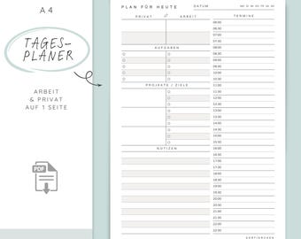 May include: A4-sized daily planner with the text "TAGES-PLANER" in a handwritten font. The planner includes sections for appointments, tasks, projects, and notes. The design is minimalist with a light green background and black text. The planner is designed to organize work and personal life.
