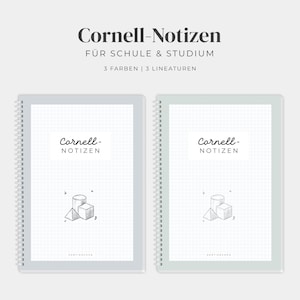Könnte beinhalten: Zwei spiralgebundene Notizbücher mit karierten Einbänden und dem Text Cornell-Notizen, FÜR SCHULE & STUDIUM, 3 FARBEN | 3 LINEATUREN. Die Einbände zeigen eine geometrische Illustration eines Zylinders, Würfels und einer Pyramide mit den Beschriftungen a, b, c, d.