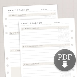 Könnte beinhalten: Zwei weiße Habit-Tracker-Seiten mit den Wörtern "HABIT TRACKER" und "WOCHE" oben. Die Seiten haben Abschnitte für "MORGENROUTINE", "NACHMITTAGSROUTINE" und "ABENDROUTINE". Ein graues PDF-Symbol befindet sich in der unteren rechten Ecke.