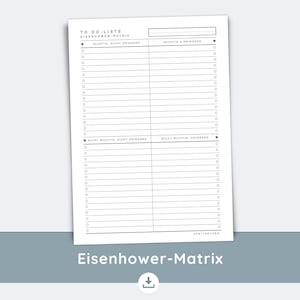 Plantilla alemana de la Matriz de Eisenhower (PDF A4) | Matriz de prioridades imprimible en 4 colores y neutro | Herramienta de gestión del tiempo con lista de tareas