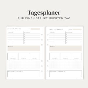 Könnte beinhalten: Zwei weiße Tagesplaner-Seiten mit schwarzem Text und Linien. Die Überschrift lautet Tagesplaner für einen strukturierten Tag. Jede Seite enthält Abschnitte für Tagesplanung, Datum, Termine, Aufgaben, Wichtig, Morgens, Mittags, Abends und Braindump für morgen mit einem Punktrasterbereich und Ringbuchlochung.
