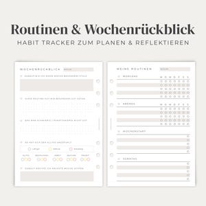 Könnte beinhalten: Zwei weiße Planerseiten mit schwarzem Text und hellgrauen Akzenten. Die linke Seite enthält einen Wochenrückblick mit Fragen, während die rechte Seite einen Gewohnheitstracker für Morgen- und Abendroutinen sowie Bereiche für Wochenziele bietet.