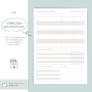 May include: A4-sized weekly planner with a light green background. The planner includes sections for daily schedules, routines, and meal planning. Text includes "Familien-Wochenplan" and "Für 2-5 Personen mit Menüplan & Aufgaben / Routinen."