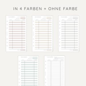 May include: Five planner inserts for tracking expenses, each featuring columns for date, description, and amount. Four inserts have colored horizontal rows in pink, beige, gray, and light blue, while the fifth insert is black and white.