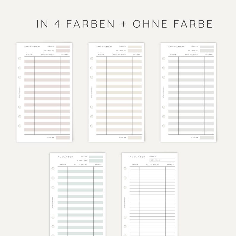 May include: Five planner inserts for tracking expenses, each featuring columns for date, description, and amount. Four inserts have colored horizontal rows in pink, beige, gray, and light blue, while the fifth insert is black and white.