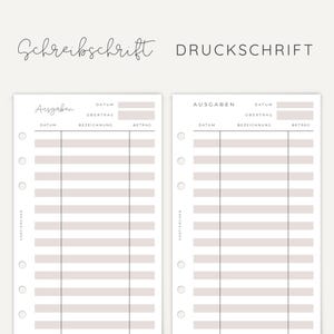 May include: Two white planner inserts with six binder holes on the left side. Each page features a table for expenses labeled Ausgaben, Datum, &Uuml;bertrag, Bezeichnung, and Betrag. The left insert uses cursive text, while the right uses block text.