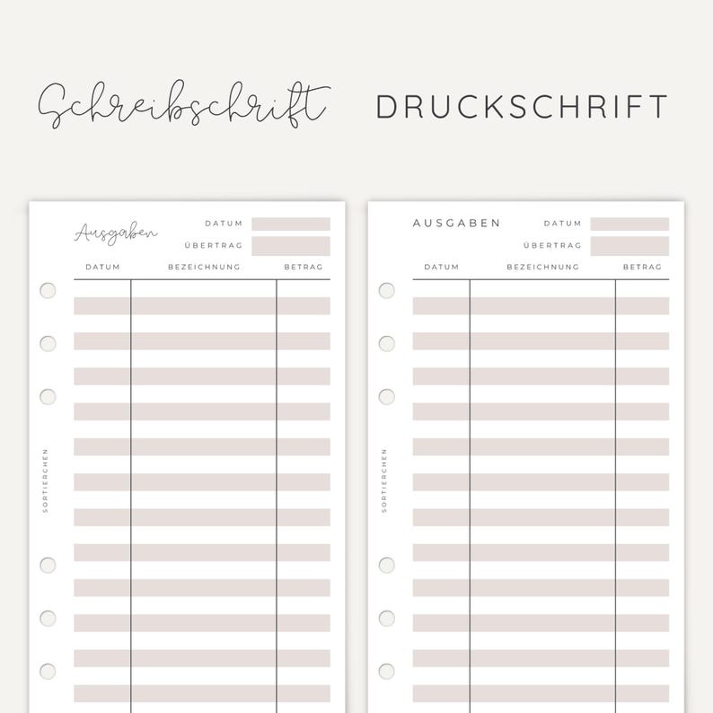 May include: Two white planner inserts with six binder holes on the left side. Each page features a table for expenses labeled Ausgaben, Datum, &Uuml;bertrag, Bezeichnung, and Betrag. The left insert uses cursive text, while the right uses block text.