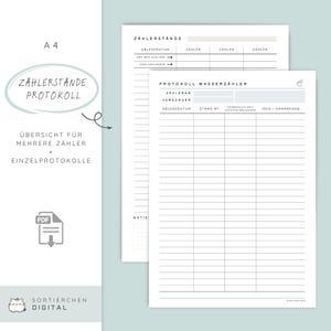 Può includere: Due fogli di carta bianchi in formato A4 con linee a griglia per la registrazione dei dati. Il foglio superiore ha un'intestazione che recita "ZÄHLERSTÄNDE" e il foglio inferiore ha un'intestazione che recita "PROTOKOLL WASSERZÄHLER". Il lato sinistro ha testo in tedesco.