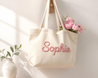 Personalisierte Kord Einkaufstasche mit gestickter Kordel Name, Benutzerdefinierte Reißverschluss Arbeit Geldbörse, Reise-Schultertasche, Brautjungfer Geschenk für Sie