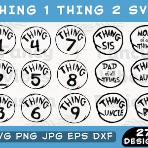 Könnte beinhalten: Ein Satz von 27 Schwarzweiß-SVG-Designs mit dem Ausdruck "Thing" mit den Zahlen 1 bis 9 und Familienmitgliedstiteln wie "Mutter aller Dinge", "Vater aller Dinge", "Schwester", "Tante", "Onkel" und "Bruder".