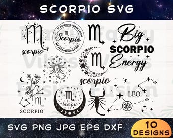 Può includere: Un set di 10 design digitali in bianco e nero con il segno zodiacale dello Scorpione. I design includono una luna crescente, stelle e il testo "Scorpione" in vari stili. Sono inclusi anche i testi "Big Scorpio Energy" e "Se la mia bocca non lo dice, il mio viso lo farà sicuramente".