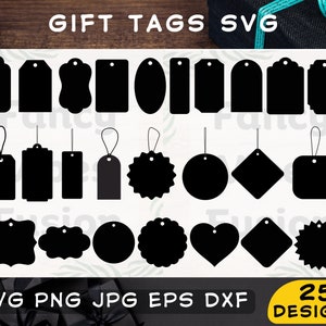 Puede incluir: Un conjunto de 25 diseños de etiquetas de regalo SVG en blanco y negro. Las etiquetas tienen varias formas, incluyendo círculos, cuadrados, corazones y estrellas. El texto "Gift Tags SVG" está en la parte superior de la imagen, y el texto "25 Designs" está en la parte inferior.