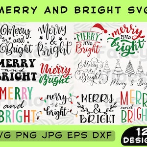Könnte beinhalten: Eine Sammlung von 12 "Merry and Bright" Designs in den Formaten SVG, PNG, JPG, EPS und DXF. Die Designs zeigen verschiedene Schriftarten und Stile, mit Text in Schwarz, Rot, Grün und Pink. Einige Designs enthalten Weihnachtsbäume und festliche Elemente.