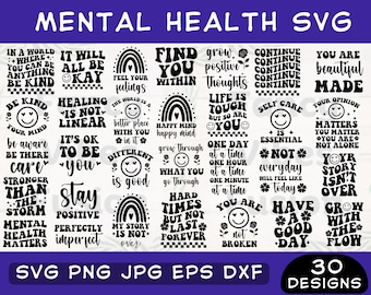 Pakiet SVG dotyczący zdrowia psychicznego, pozytywne cytaty, inspirujące projekty (pliki cyfrowe)