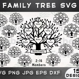 Bundle Svg arbre généalogique 2-16 membres, arbre de vie Svg, branche d'arbre généalogique, Clipart arbre généalogique, arbre coeur généalogique Svg, couper des fichiers pour Cricut