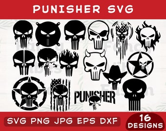 Punisher Skull SVG Bundle, 16 Designs (png, jpg, eps, dxf), Clipart, Cricut, Silhouette