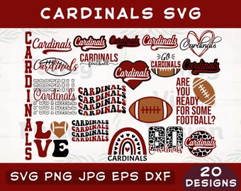 Può includere: Una collezione di 20 design a tema "Cardinals" in formati SVG, PNG, JPG, EPS e DXF. I design includono vari stili di testo, palloni da football, cuori e un arcobaleno, tutti in rosso, bianco e nero.