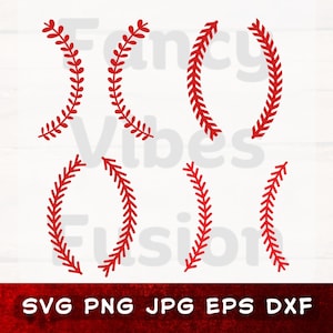 May include: Set of six red baseball stitch designs. The designs are in the shape of a circle, a half circle, and a curved line. The designs are perfect for creating baseball-themed crafts.