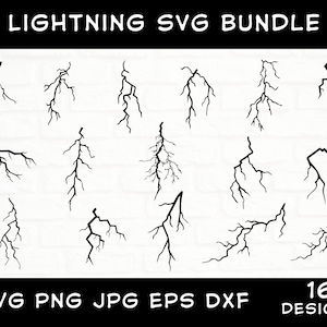May include: A set of 16 black and white lightning bolt SVG designs. The designs are simple and abstract, with varying shapes and sizes.  "LIGHTNING SVG BUNDLE" and "16 DESIGNS" are written in black text at the top and bottom of the image.