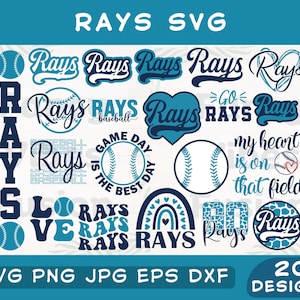 May include: A collection of 20 baseball-themed SVG designs in shades of blue and white. The designs include the word "Rays" in various fonts, baseballs, and phrases like "Game Day" and "My heart is on that field." File formats include SVG, PNG, JPG, EPS, and DXF.