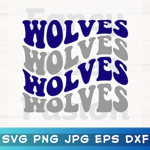 May include: A graphic design with the word "WOLVES" repeated in a retro font. The word is in navy blue and grey, creating a layered effect. The bottom of the image has the text "SVG PNG JPG EPS DXF".