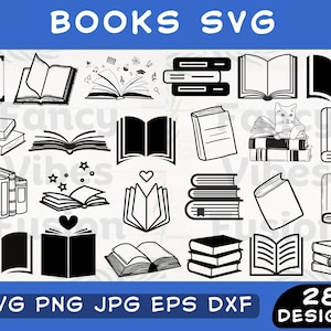 May include: A set of 28 black and white book SVG designs. The designs include various styles of open and closed books, stacks of books, and books with hearts and stars. The text "BOOKS SVG" is at the top of the image and "28 DESIGNS" is at the bottom.