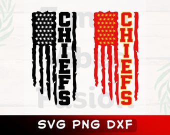 May include: Two digital designs of the American flag with the word "CHIEFS" in black and yellow text. The flag on the left is black and white, and the flag on the right is red, white, and yellow.