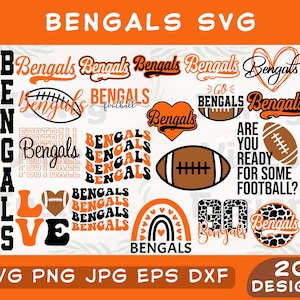 Puede incluir: Un conjunto de 20 diseños digitales con el logotipo de los Cincinnati Bengals y frases relacionadas. Los diseños incluyen el nombre del equipo, "Bengals", "Go Bengals", "Are you ready for some football?", y "Love Bengals". Los diseños son en naranja, negro y blanco.
