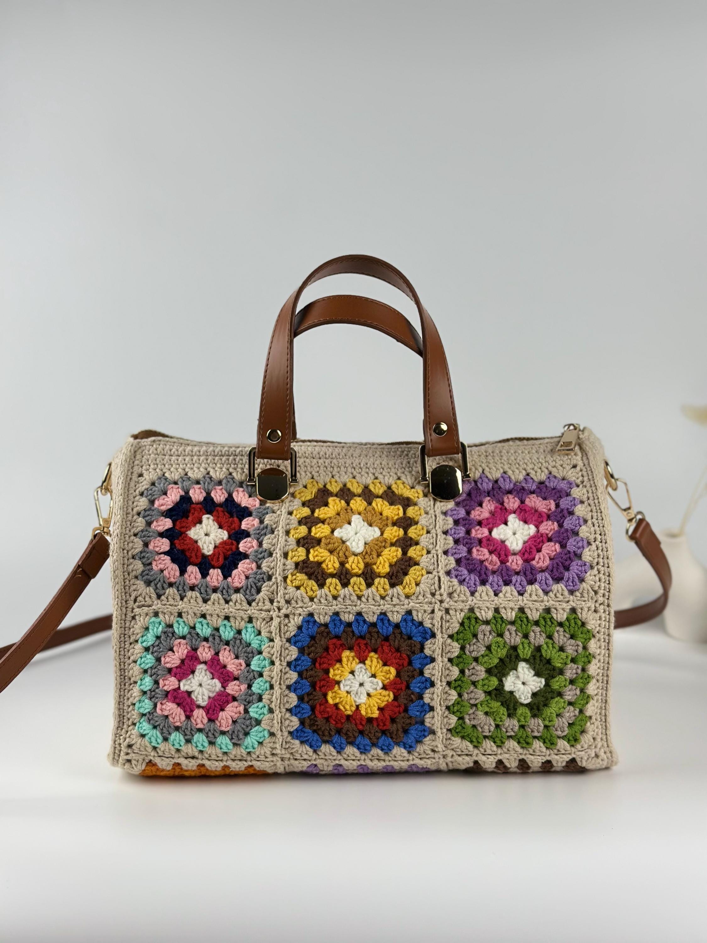 Handmade Colorful Duffle Bag,crochet Granny Square Handle Bag