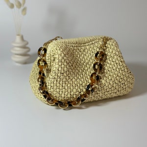 Handmade Raffia Clutch Bag,Crochet Straw Big Purse,Summer Raffia Pouch Bag,Boho Knitting Raffia Clutch