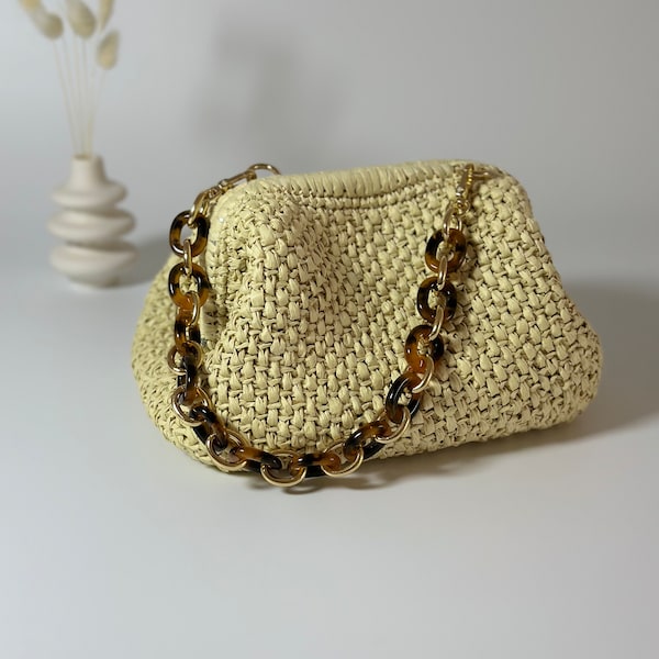 Handmade Raffia Clutch Bag,Crochet Straw Big Purse,Summer Raffia Pouch Bag,Boho Knitting Raffia Clutch