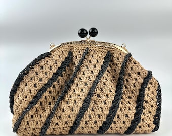 Handmade Crochet Raffia Clutch, Striped Woven Pouch Bag