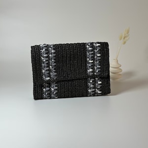 Handgemachte Raffia Clutch Tasche, Häkeln Schwarze Große Geldbörse, Sommer Raffia Beutel Tasche, Boho Stricken Raffia Clutch