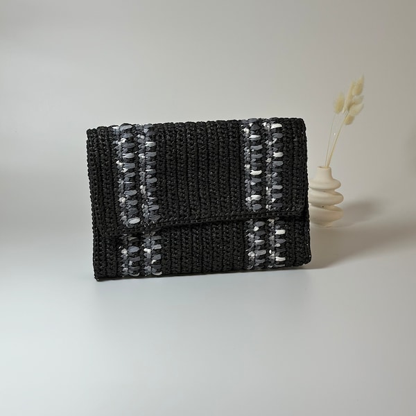 Handmade Raffia Clutch Bag,Crochet Black Big Purse,Summer Raffia Pouch Bag,Boho Knitting Raffia Clutch