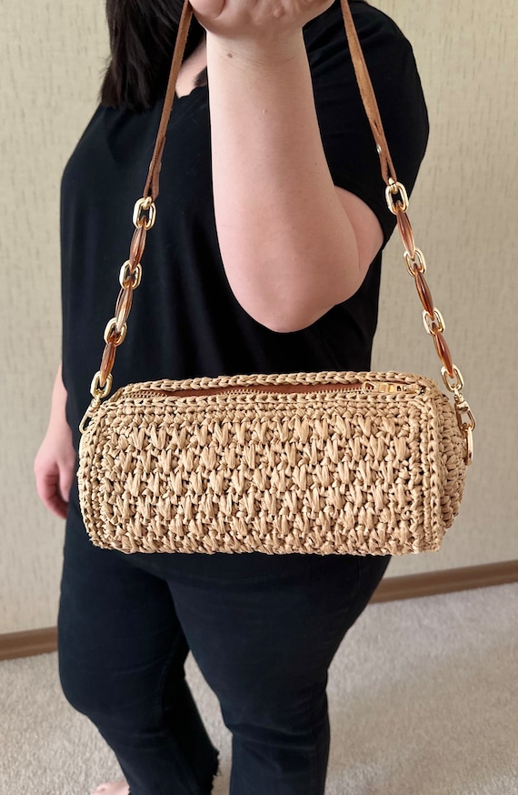 Cylinder Raffia Bag, Crochet Barrel Bag, Handmade Summer
