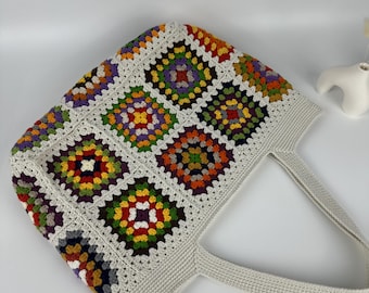 Handmade Crochet Granny Square Tote Bag, Colorful Cotton Shoulder Bag