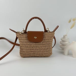Raffia Handmade Longchamp Midi Bag, Crochet Straw Bag, Knitting Crossbody Bag,Everday Raffia Bag