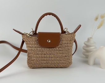 Raffia Handmade Longchamp Midi Bag, Crochet Straw Bag, Knitting Crossbody Bag,Everday Raffia Bag