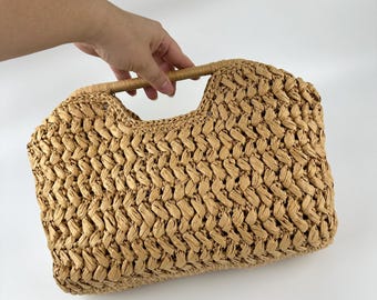 Handgefertigte gehäkelte Raffia-Beuteltasche, gewebte Top-Griff-Kupplung