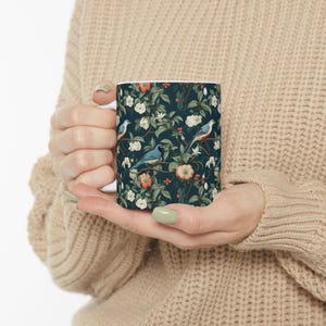Floral Bird Ceramic Mug - Nature Lover Gift, Tea Coffee Cup, Spring Decor, Boho Kitchenware, Home & Camp; Garden, William Morris Strawberry