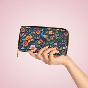 Cartera con cremallera de pavo real, monedero floral, monedero bohemio, billetera elegante para mujer, regalo para ella, diseño 3D vibrante, bolsa, billetera de cuero sintético vegano