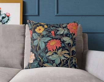 Vintage Floral Throw Pillow-Boho Cushion-Dark Botanical Home Decor-William Morris Style Pillow-Decorative Square Accent Cushion