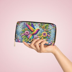 Portefeuille à fermeture éclair Colibri - Sac à main bohème chic pour femme, portefeuille fleuri en cuir PU et porte-cartes, cadeau pour elle, cadeau de mousse végétalienne